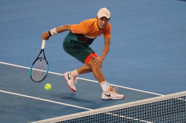 Melbourne, Avustralya - 21 Ocak 2019: Profesyonel tenis oyuncusu Kei Nishikori Japonya'nın onun turda 2019 Avustralya Açık Melbourne Park 16 maçın başında