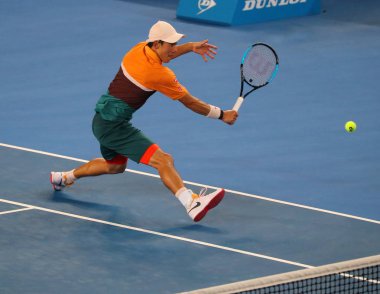 Melbourne, Avustralya - 21 Ocak 2019: Profesyonel tenis oyuncusu Kei Nishikori Japonya'nın onun turda 2019 Avustralya Açık Melbourne Park 16 maçın başında