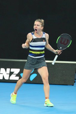 Melbourne, Avustralya - 21 Ocak 2019: Grand Slam şampiyonu Simona Halep Romanya onun turda 2019 Avustralya Açık Melbourne Park 16 maçın başında