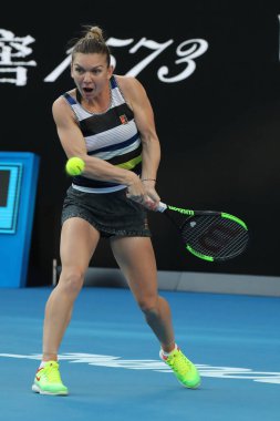Melbourne, Avustralya - 21 Ocak 2019: Grand Slam şampiyonu Simona Halep Romanya onun turda 2019 Avustralya Açık Melbourne Park 16 maçın başında