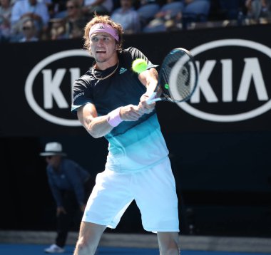 Melbourne, Avustralya - 21 Ocak 2019: Profesyonel tenis oyuncusu Alexander Zverev Japonya Almanya'nın onun turda 2019 Avustralya Açık Melbourne Park 16 maçın başında