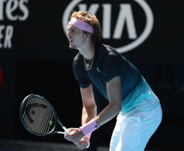 Melbourne, Avustralya - 21 Ocak 2019: Profesyonel tenis oyuncusu Alexander Zverev Almanya'nın onun turda 2019 Avustralya Açık Melbourne Park 16 maçın başında