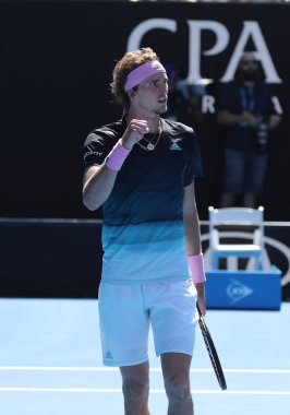 Melbourne, Avustralya - 21 Ocak 2019: Profesyonel tenis oyuncusu Alexander Zverev Almanya'nın onun turda 2019 Avustralya Açık Melbourne Park 16 maçın başında