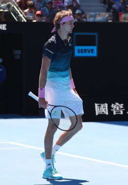 Melbourne, Avustralya - 21 Ocak 2019: Profesyonel tenis oyuncusu Alexander Zverev Almanya'nın onun turda 2019 Avustralya Açık Melbourne Park 16 maçın başında