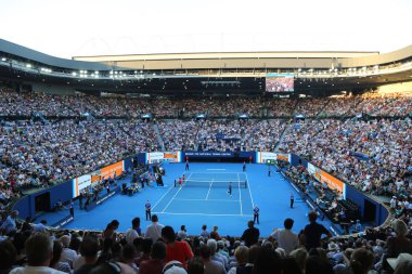 Melbourne, Avustralya - 24 Ocak 2019: Rod Laver arena 2019 sırasında aynı Melbourne Park Avustralyalı Tenis Merkezi Avustralya açık. 1988'den beri Avustralya Açık Ana mekanı oldu