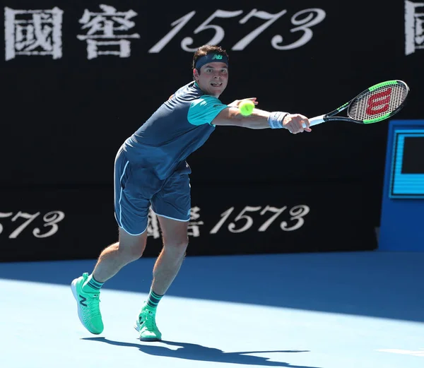 メルボルン オーストラリア 月21日 2019 プロのテニス選手のラオは メルボルンパークで2019オーストラリアオープンで16試合の彼のラウンド中にアクションでカナダの — ストック写真
