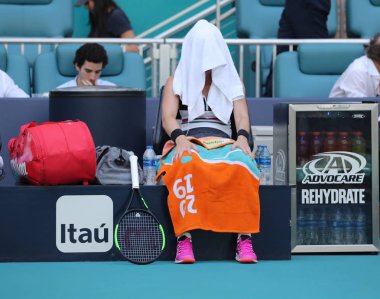 MIAMI GARDENS, FLORIDA - MARCH 27, 2019: Grand Slam Champion Simona Halep of Romania in action during her quarter-final match at 2019 Miami Open at the Hard Rock Stadium in Miami Gardens, Florida