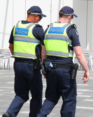 Melbourne, Avustralya-27 Ocak 2019: Victoria polis Constable Melbourne Olimpiyat Parkı 'nda güvenlik sağlayan 2019 Avustralya Açık sırasında