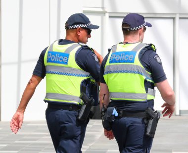 Melbourne, Avustralya-27 Ocak 2019: Victoria polis Constable Melbourne Olimpiyat Parkı 'nda güvenlik sağlayan 2019 Avustralya Açık sırasında