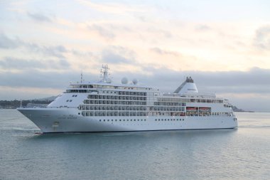 AUCKLAND, NEW ZEALAND 29 HAZİRAN 2019 Auckland Limanı 'ndaki Silver Whisper Cruise Gemisi. Gümüş Fısıltı 2019 Dünya Gezisi sırasında dünya çapında büyük bir yolculuğa çıkıyor.