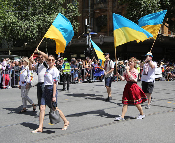 MELBOURNE, AUSTRALIA - JANUARY 26, 2019: Association of Ukrainians in Victoria members participate at the 2019 Australia Day Parade in Melbourne