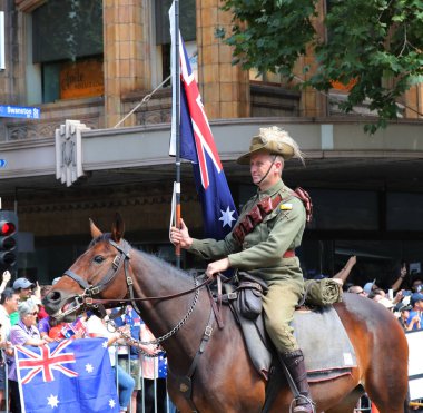 Melbourne, Avustralya - 26 Ocak 2019: Creswick Rsl Light Horse Troop üyeleri Melbourne'deki 2019 Avustralya Günü Geçit Töreni'ne katılıyor