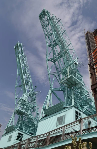 Turquoise Painted Gantry Cranes Domino Park Relic Domino Sugar Factory — Stock Photo, Image