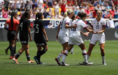 HARRISON, NJ - MAY 26, 2019: U.S. Women's National Soccer Team celebrates scoring goal during friendly game against Mexico as preparation for 2019 Women's World Cup in Harrison, NJ. USA won 3 - 0 clipart
