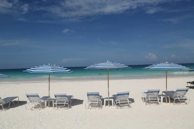 Beach chairs and umbrella on a beautiful Caribbean beach at Harbor Island, Bahamas clipart