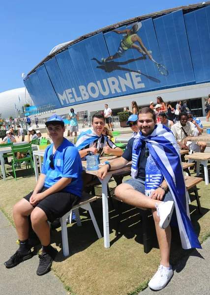 Melbourne Australia Stycznia 2019 Grecki Miłośników Tenisa Wsparcie Tenisista Stefanos — Zdjęcie stockowe