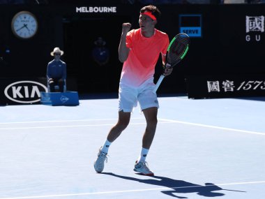 Melbourne, Avustralya - 27 Ocak 2019: 2019 Avustralya Açık finalisti Emilio Nava, Melbourne Park'taki Tek Erkekler karşılaşmasında abd'li 