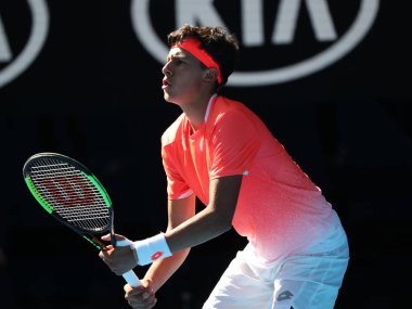 Melbourne, Avustralya - 27 Ocak 2019: 2019 Avustralya Açık finalisti Emilio Nava, Melbourne Park'taki Tek Erkekler karşılaşmasında abd'li 