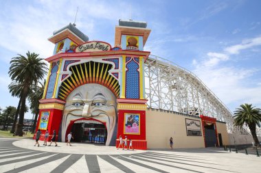 MELBOURNE, AUSTRALIA - JANUARY 25, 2019: Main Gate of Luna Park. Melbourne's Luna Park is an historic amusement park located on the foreshore of Port Phillip Bay in St Kilda.  It opened in 1912 clipart