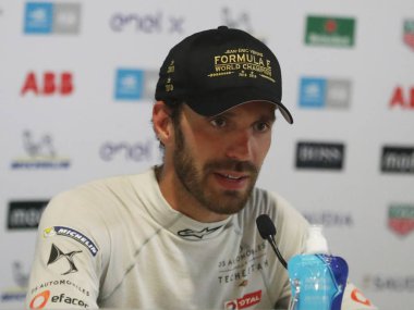 New York - 14 Temmuz 2019: Brooklyn'deki Red Hook'ta 2019 New York City E-Prix'sinin ardından düzenlenen basın toplantısında Ds Techeetah Takımı'ndan iki kez Fia Formula E Dünya Şampiyonu Jean-Eric Vergne (Fra)