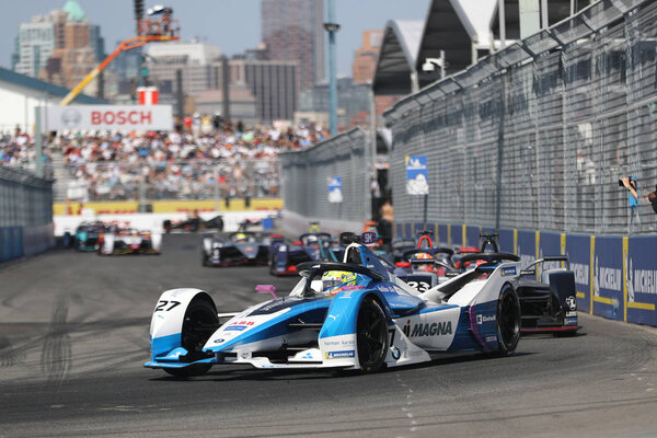 NEW YORK - JULY 14, 2019: British professional racing driver Alexander Sims of  BMW Andretti Team driving his Formula E car (27) during 2019 New York City E-Prix round 13 at Red Hook in Brooklyn