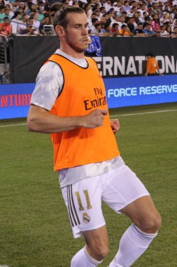 East Rutherford, Nj - 26 Temmuz 2019: Real Madrid'den Gareth Bale, Metlife stadyumunda düzenlenen 2019 Uluslararası Şampiyonlar Kupası'nda Atletico de Madrid ile oynanacak maçtan önce ısınma sırasında #11. Real Madrid 3-7 kaybetti