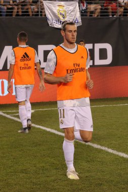 East Rutherford, Nj - 26 Temmuz 2019: Real Madrid'den Gareth Bale, Metlife stadyumunda düzenlenen 2019 Uluslararası Şampiyonlar Kupası'nda Atletico de Madrid ile oynanacak maçtan önce ısınma sırasında #11. Real Madrid 3-7 kaybetti