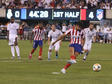 East Rutherford, Nj - 26 Temmuz 2019: #19 Atletico de Madrid'den Diego Costa, Metlife stadyumunda düzenlenen 2019 Uluslararası Şampiyonlar Kupası'nda Real Madrid'e karşı penaltı atışları yaptı.