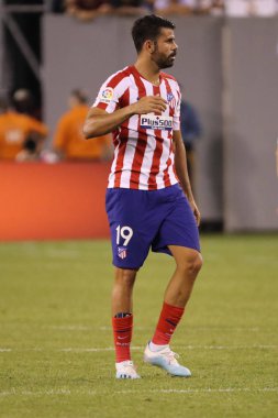 Doğu RUTHERFORD, NJ - 26 Temmuz 2019: Atletico de Madrid 'den Diego Costa MetLife Stadyumu' nda oynanan 2019 Uluslararası Şampiyonlar Kupası 'nda Real Madrid' e karşı maç yapıyor. Real Madrid 3-7 yenildi