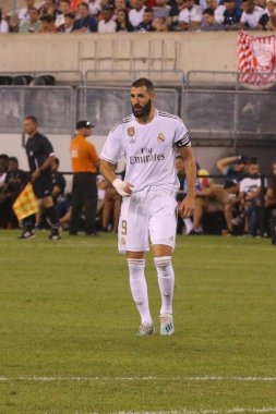 East Rutherford, Nj - 26 Temmuz 2019: Real Madrid'den Karim Benzema, Metlife stadyumunda düzenlenen 2019 Uluslararası Şampiyonlar Kupası'nda Atletico de Madrid ile oynanan maçta #9. Real Madrid 3-7 kaybetti