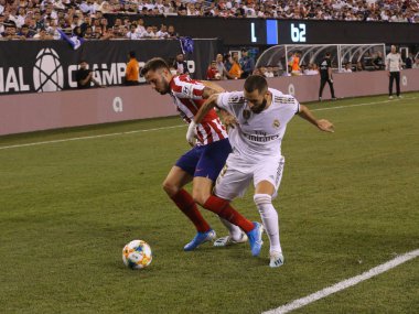 East Rutherford, Nj - 26 Temmuz 2019: Real Madrid'den Karim Benzema, Metlife stadyumunda düzenlenen 2019 Uluslararası Şampiyonlar Kupası'nda Atletico de Madrid ile oynanan maçta #9. Real Madrid 3-7 kaybetti