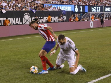 East Rutherford, Nj - 26 Temmuz 2019: Real Madrid'den Karim Benzema, Metlife stadyumunda düzenlenen 2019 Uluslararası Şampiyonlar Kupası'nda Atletico de Madrid ile oynanan maçta #9. Real Madrid 3-7 kaybetti