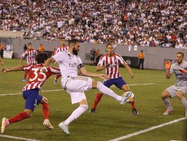East Rutherford, Nj - 26 Temmuz 2019: Real Madrid'den Karim Benzema, Metlife stadyumunda düzenlenen 2019 Uluslararası Şampiyonlar Kupası'nda Atletico de Madrid ile oynanan maçta #9. Real Madrid 3-7 kaybetti