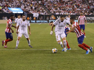 East Rutherford, Nj - 26 Temmuz 2019: Real Madrid'den Karim Benzema, Metlife stadyumunda düzenlenen 2019 Uluslararası Şampiyonlar Kupası'nda Atletico de Madrid ile oynanan maçta #9. Real Madrid 3-7 kaybetti