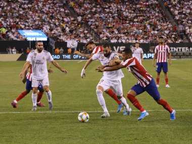 East Rutherford, Nj - 26 Temmuz 2019: Real Madrid'den Karim Benzema, Metlife stadyumunda düzenlenen 2019 Uluslararası Şampiyonlar Kupası'nda Atletico de Madrid ile oynanan maçta #9. Real Madrid 3-7 kaybetti