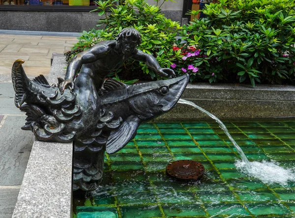 The pools in the Channel Gardens with fountain heads designed by Rene Chambellan between the British and French buildings in Rockefeller Center in Midtown Manhattan