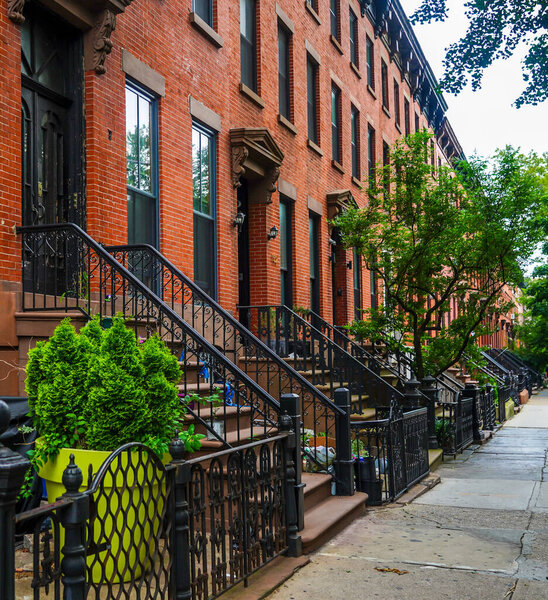 BROOKLYN, NEW YORK - JULY 23, 2020: Historic Brownstone District in Fort Greene Neighborhood in Brooklyn, New York