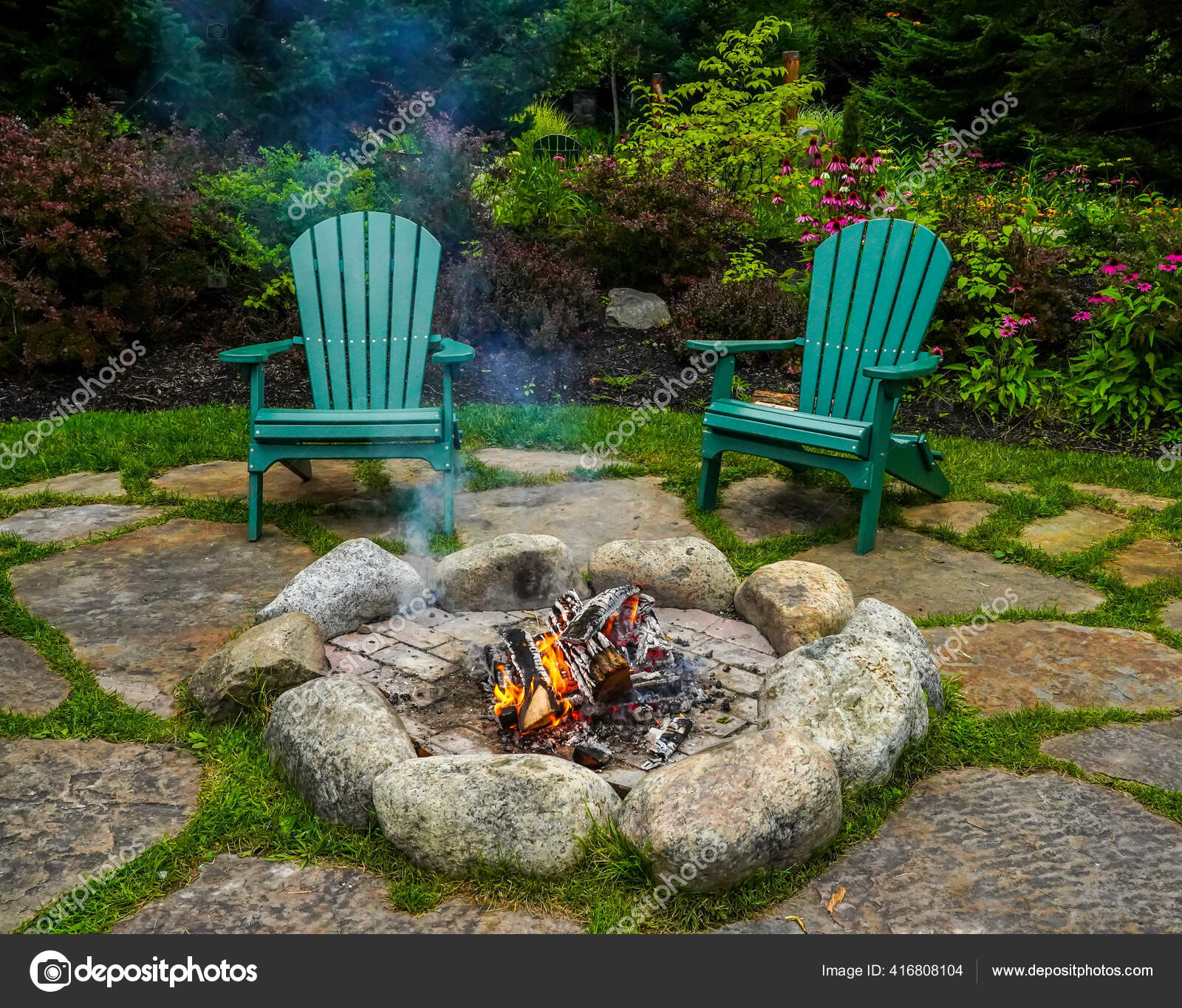 Adirondack Chairs Fire Pit Stock Photo, Adirondack Chairs Around Fire Pit