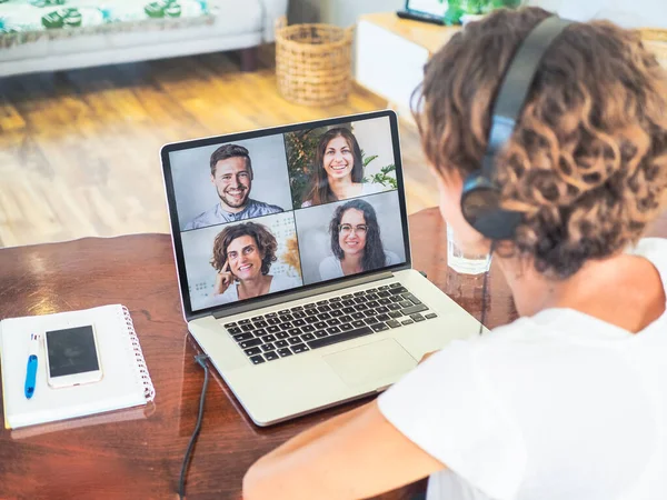 Woman Laptop Having Video Chat Friends Home Office Quarantine Concept — Stock Photo, Image