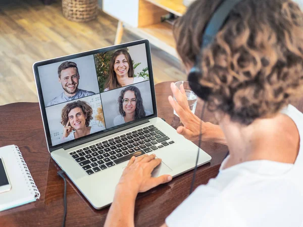 Woman Laptop Having Video Chat Friends Home Office Quarantine Concept — Stock Photo, Image