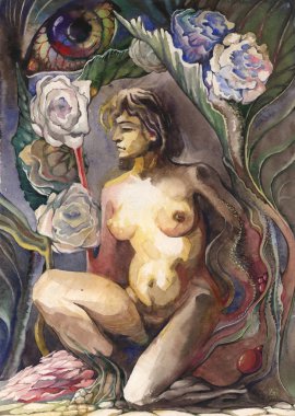 Apollo ve Daphne. Antik Yunan mitler. Eski Tarih Suluboya çizimi.