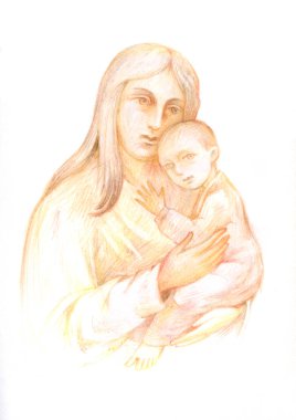Karakalem. Çocuklar için renkli resimde. Annelik, Anne kucağında bebekle. Noel.