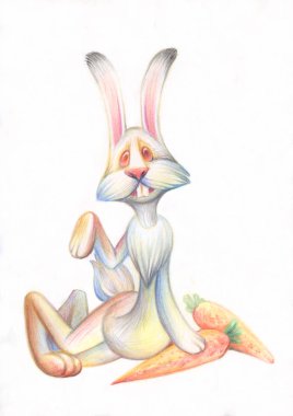 Karakalem. Çizim çocuklar için. Renkli kalemler ile hayvanların Image. Komik çift eklemli bunny havuç ile.