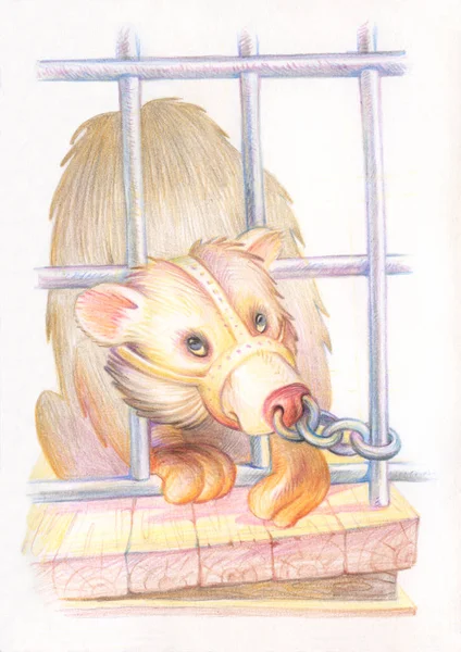 Pencil drawing. Illustration for children. Image of animals with colored pencils. Cruelty to a wild animal. Bear living in captivity.