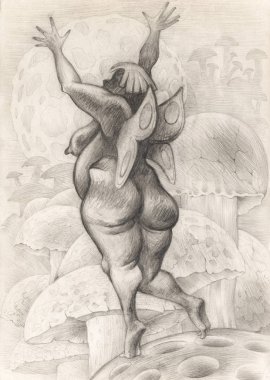 Fantastik hanımefendi göndermek-kelebekler. Tematik kurşun kalemle çizim. Bir böcek şeklinde kanatlı kadın bitkiler üzerinde yaşıyor. Grafik illüstrasyon art Nouveau tarzında. Harika metamorfoz.