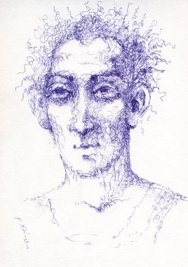 The head of a young man with a strange hairstyle. Graphic drawing made with a ballpoint pen on paper. Academic tonal drawing. clipart