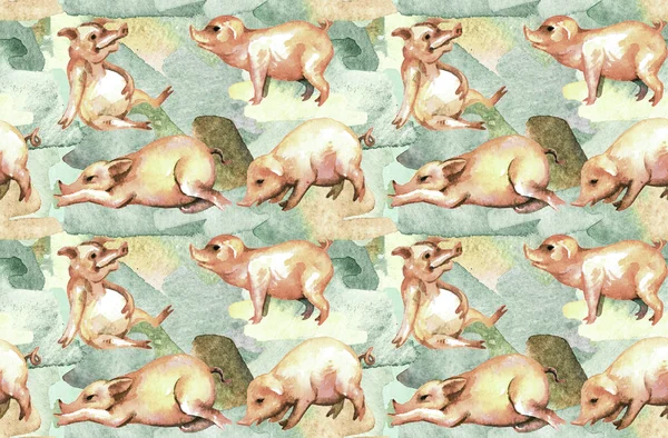 Pigs on the farm. Seamless pattern. Design print for textile, fabric, wallpaper, background. Can be used for printing on paper, in packaging. Oriental 2019 Horoscope for the Yellow Earth PIG Year.