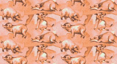 Domuz çiftliği. Seamless modeli. Tekstil, kumaş, duvar kağıdı arka plan için baskı tasarım. Ambalaj Kağıt üzerine baskı için kullanılabilir. Sarı dünya domuz yıl için Oriental 2019 burç.