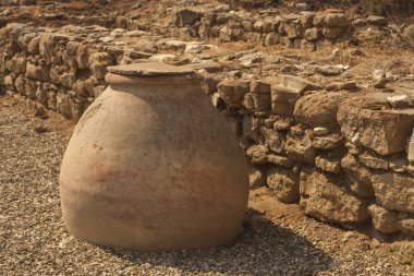 Kazı antik Yunan medeniyeti. Şaraphane Byala antik kale içinde. Şarap depoları 5. yy. Pithos.