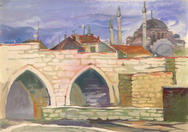 Istanbul 'un merkezinde cami. Etüt (kroki) açık havada gerçekleştirilen. Guaj içinde yapılan peyzaj.